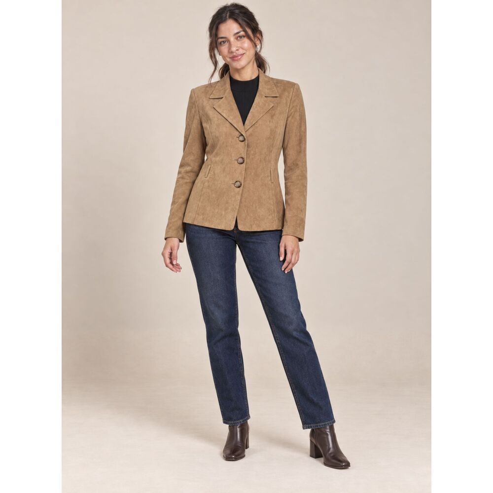 Kim Rogers Tan Faux Suede Blazer Jacket Women 14 Button Front